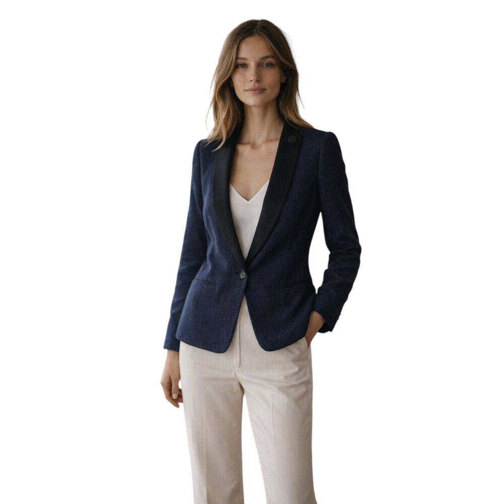 Maison Scotch Navy Linen Blend Blazer Satin Lapel Size 1 Small